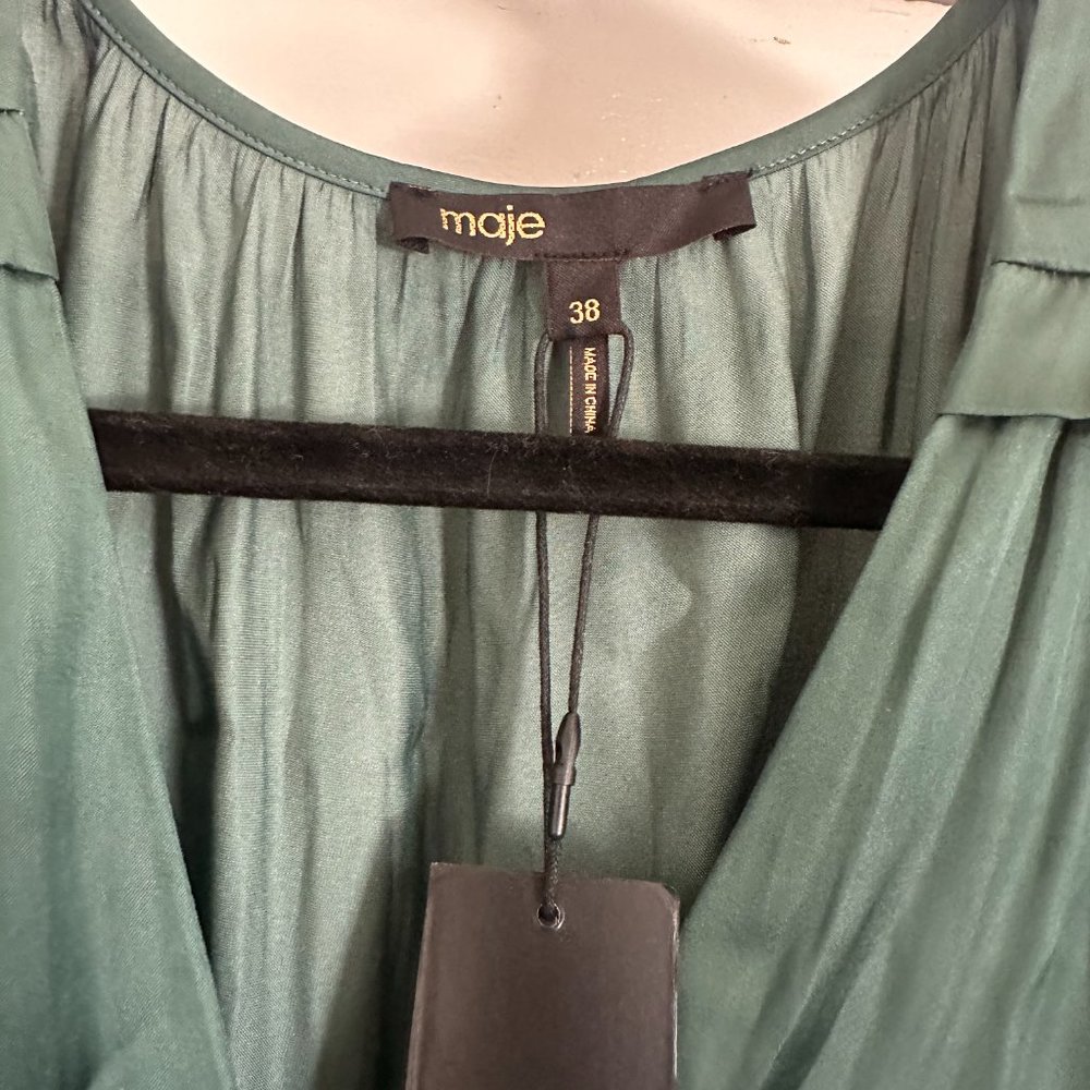 Maje Emerald Green V-Neck Pleated Mini Dress - Picture 5 of 12